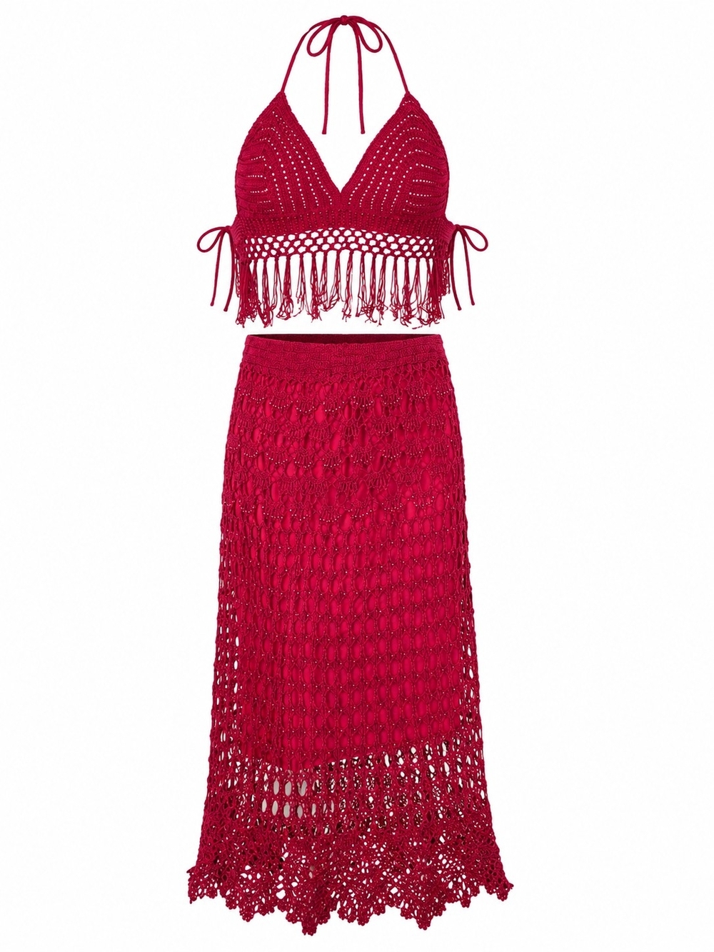 Crochet Fringe Bikini Top & Maxi Skirt Set - Deep Red